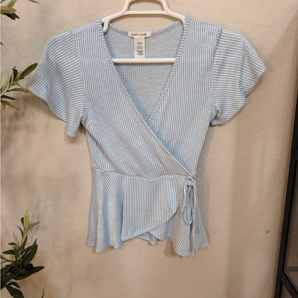 Caution To The Wind Light Blue Striped Blouse